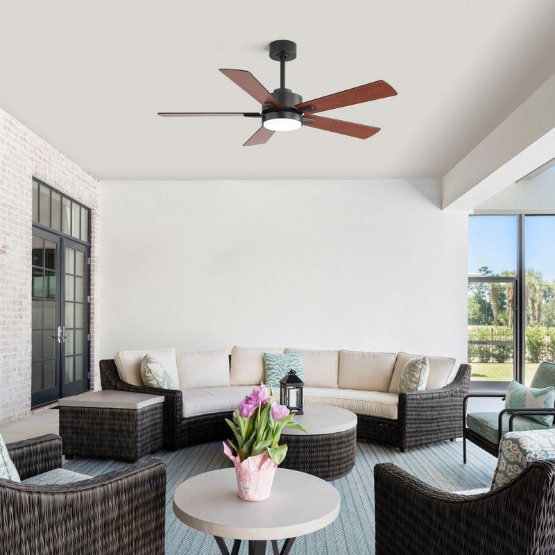 Black ceiling fan with integrated light and multi-blade design