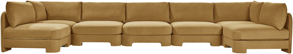 Light brown velvet U-shaped armless sectional sofa with tufted cushions