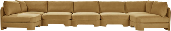 Light brown velvet U-shaped armless sectional sofa with tufted cushions