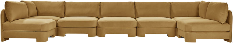 Light brown velvet U-shaped armless sectional sofa with tufted cushions