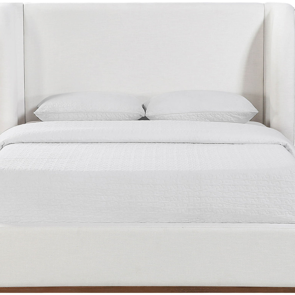 Fabric upholstered bed with tall headboard and pearl silver upholstered platform base