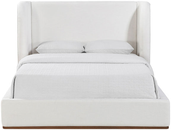 Fabric upholstered bed with tall headboard and pearl silver upholstered platform base