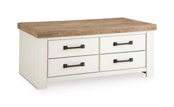 Rectangular white table with warm wood top and two front drawers with dark handles