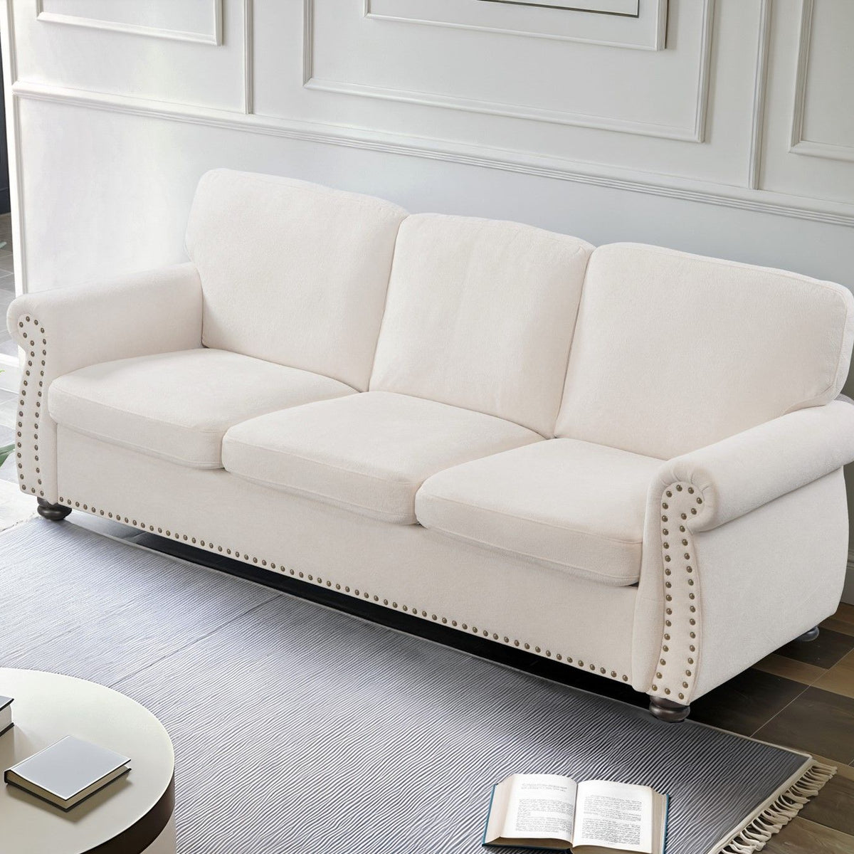 Soft Sofa, Upholstered 3 Seater Couch With High Density Foam, Loose Back Cushions And Turned Legs