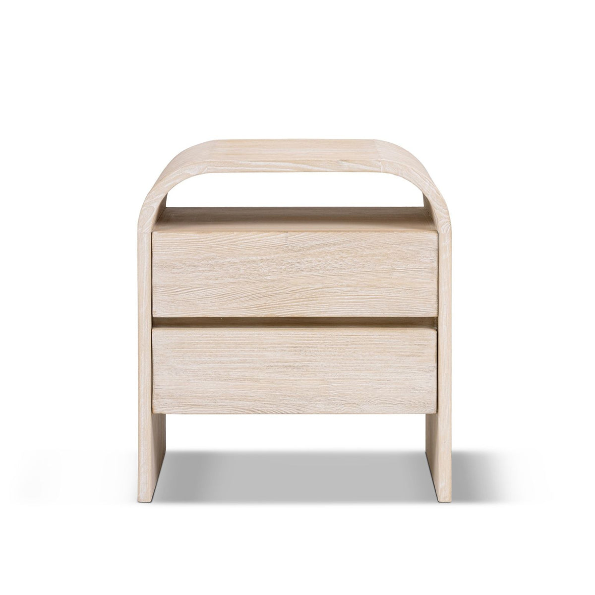 White-washed wood side table with two drawers, an open shelf, and a curved frame