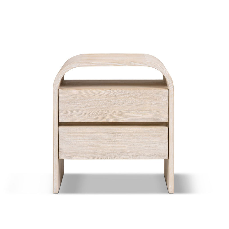 White-washed wood side table with two drawers, an open shelf, and a curved frame