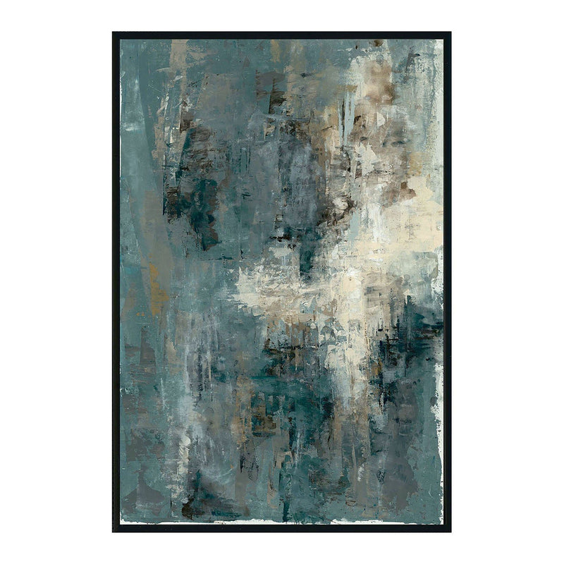 Abstract framed painting, teal blue and white layered texture with dark frame border