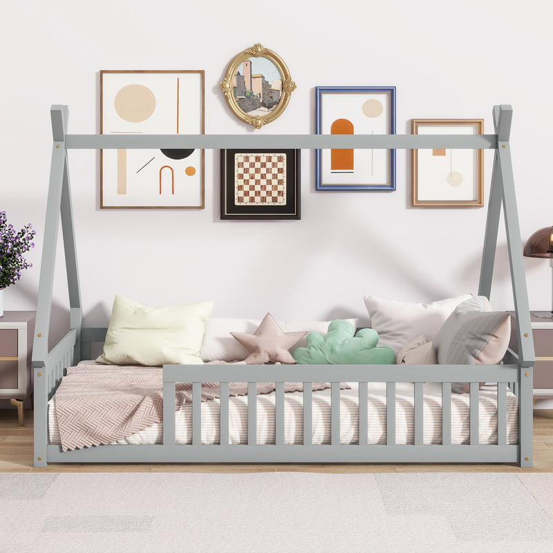 Twin Tent-shaped Floor Bed, Teepee Bed with Guardrails, Slats, Grey