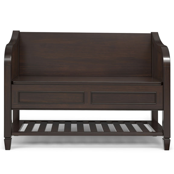 Dark chestnut storage bench with open shelf, two drawer fronts, curved armrests
