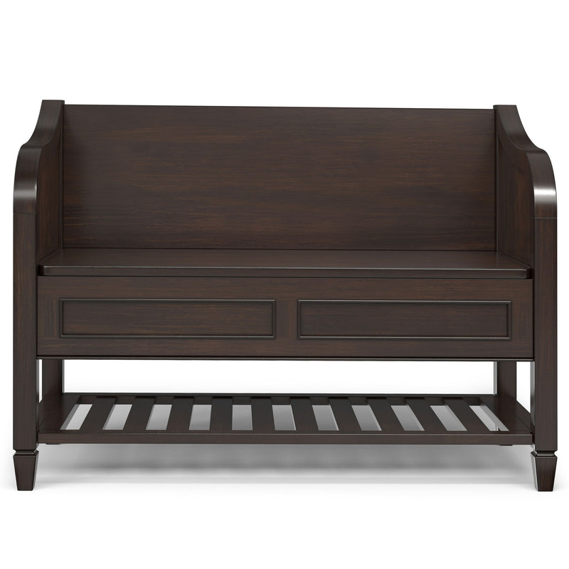 Dark chestnut storage bench with open shelf, two drawer fronts, curved armrests