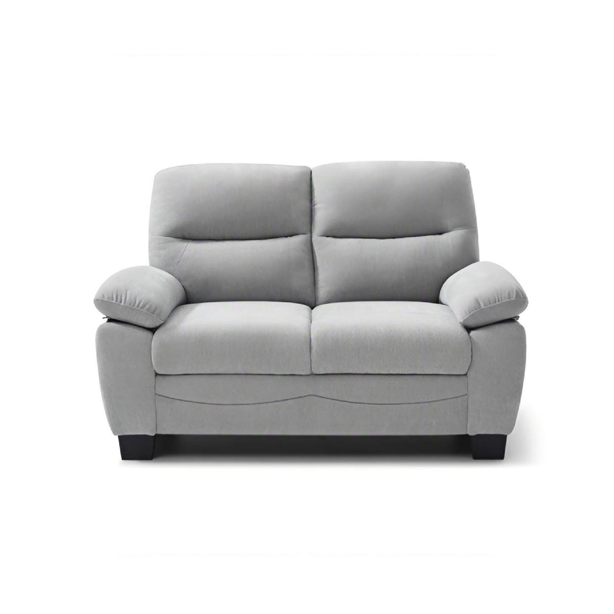 Gray loveseat with pillow-top arms and tufted, removable back cushions