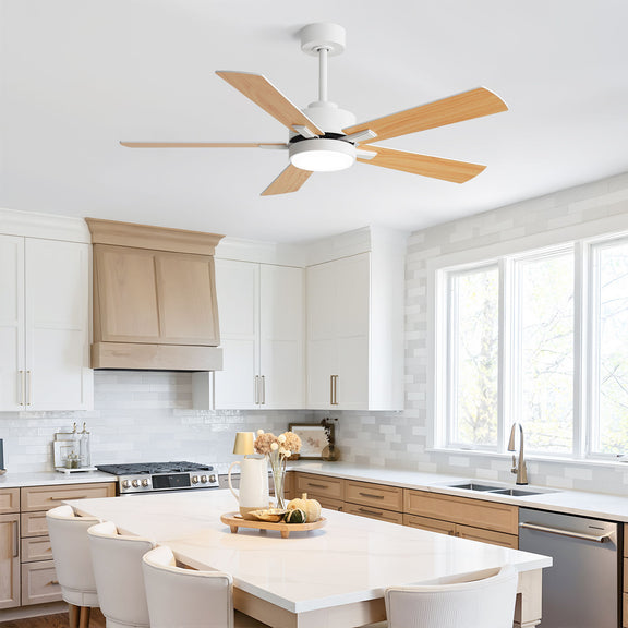 White ceiling fan with integrated light and reversible wood-tone blades
