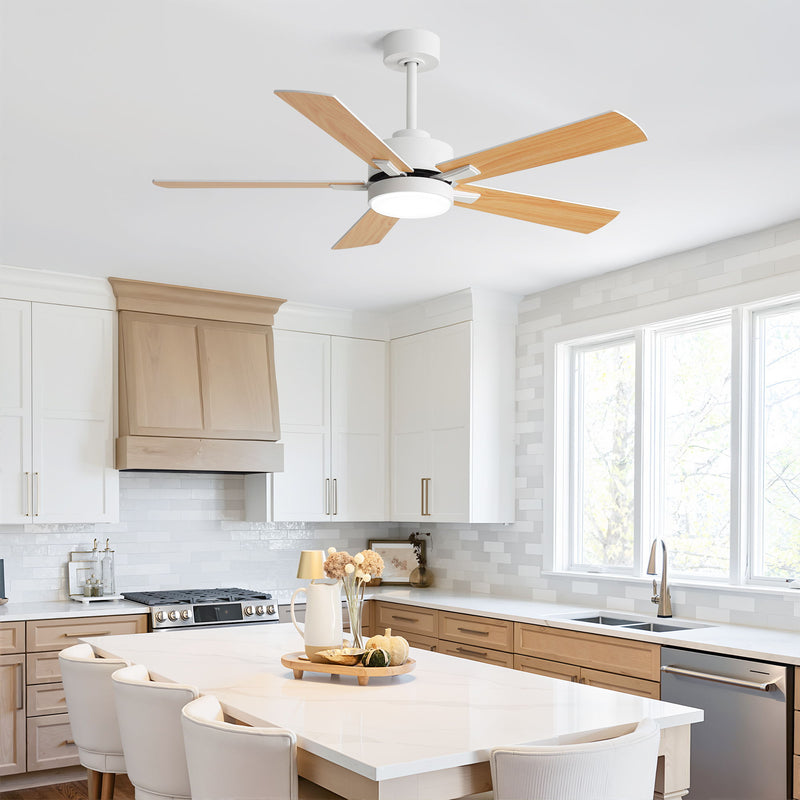 White ceiling fan with integrated light and reversible wood-tone blades