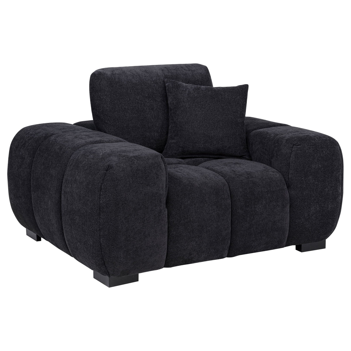 Dark gray track arm accent chair with tufted seat cushions and rounded arms
