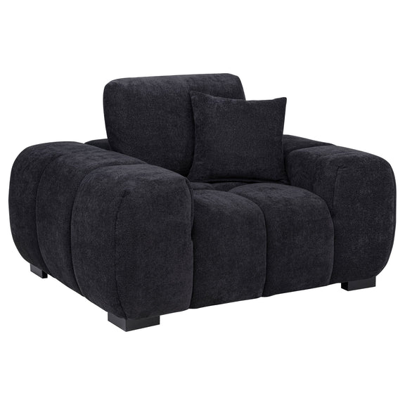 Dark gray track arm accent chair with tufted seat cushions and rounded arms