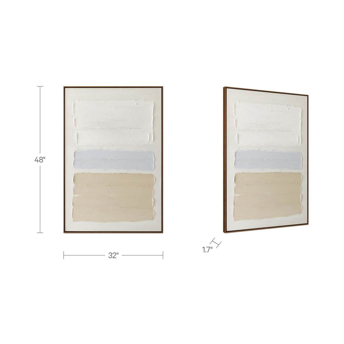 Framed abstract painting with textured white, gray, and beige bands; size shown