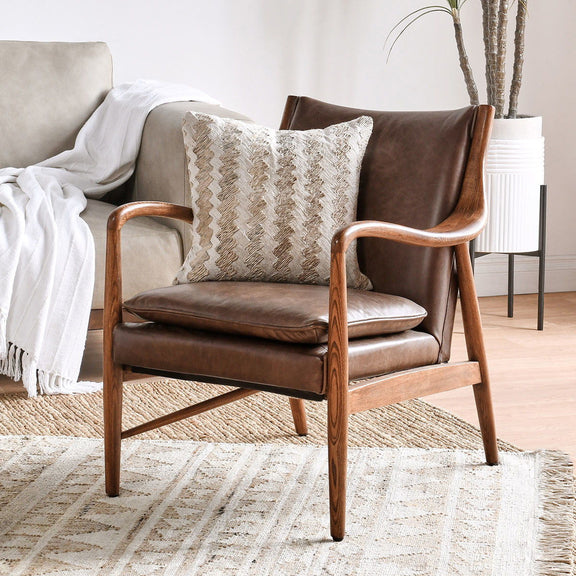 Kiannah club chair with medium brown upholstery, curved wood arms and cushioned seat