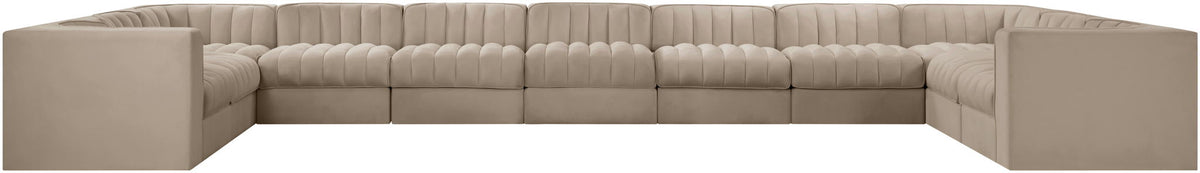 Beige velvet modular sectional sofa with tufted back and square arms