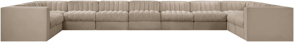 Beige velvet modular sectional sofa with tufted back and square arms