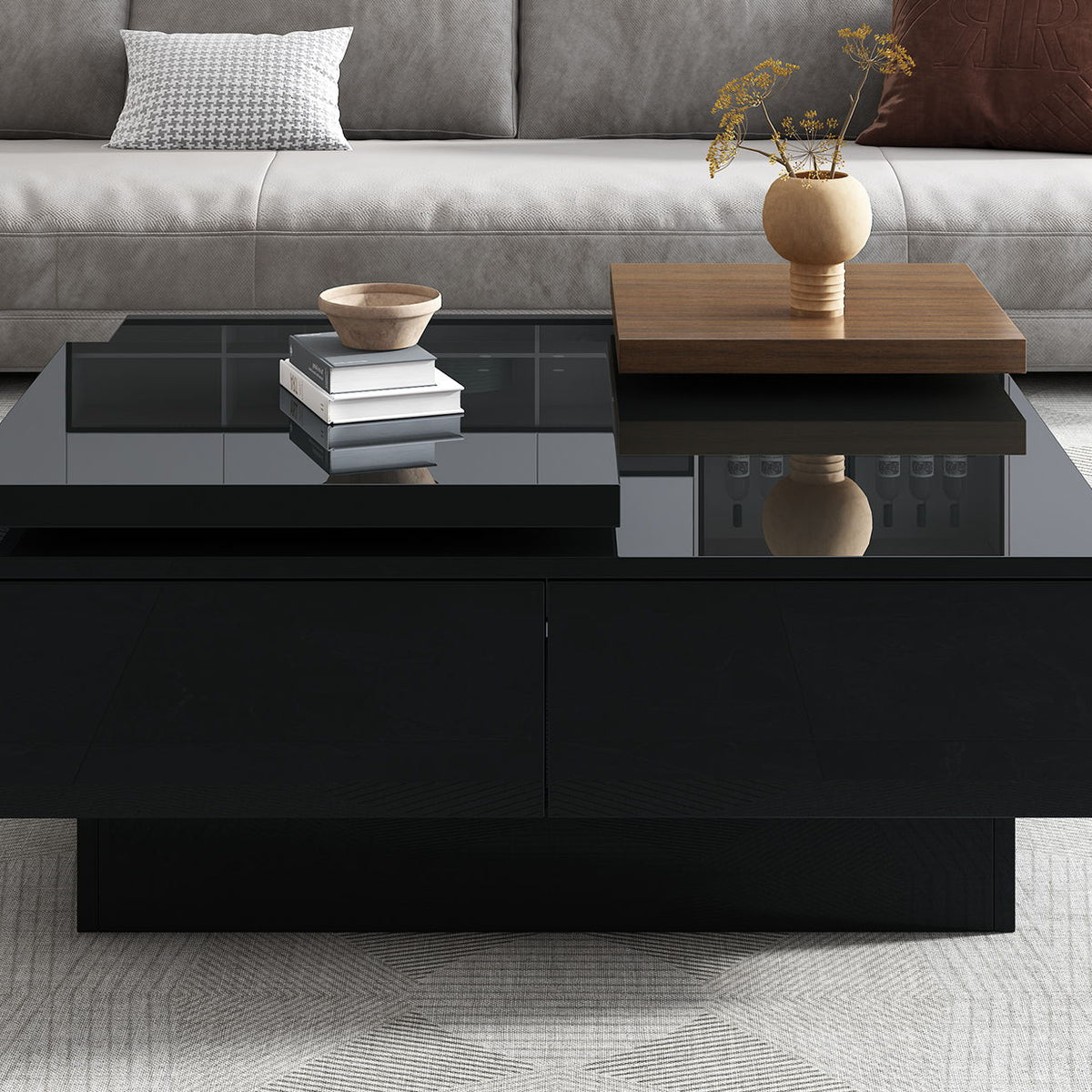 Movable Square Top Coffee Table With 4 Hidden Storage Drawers