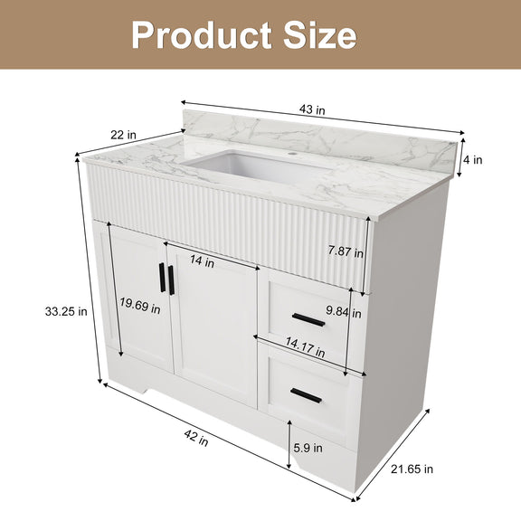 Bathroom vanity size diagram: 43 in width, 21.65 in depth, 33.25 in height