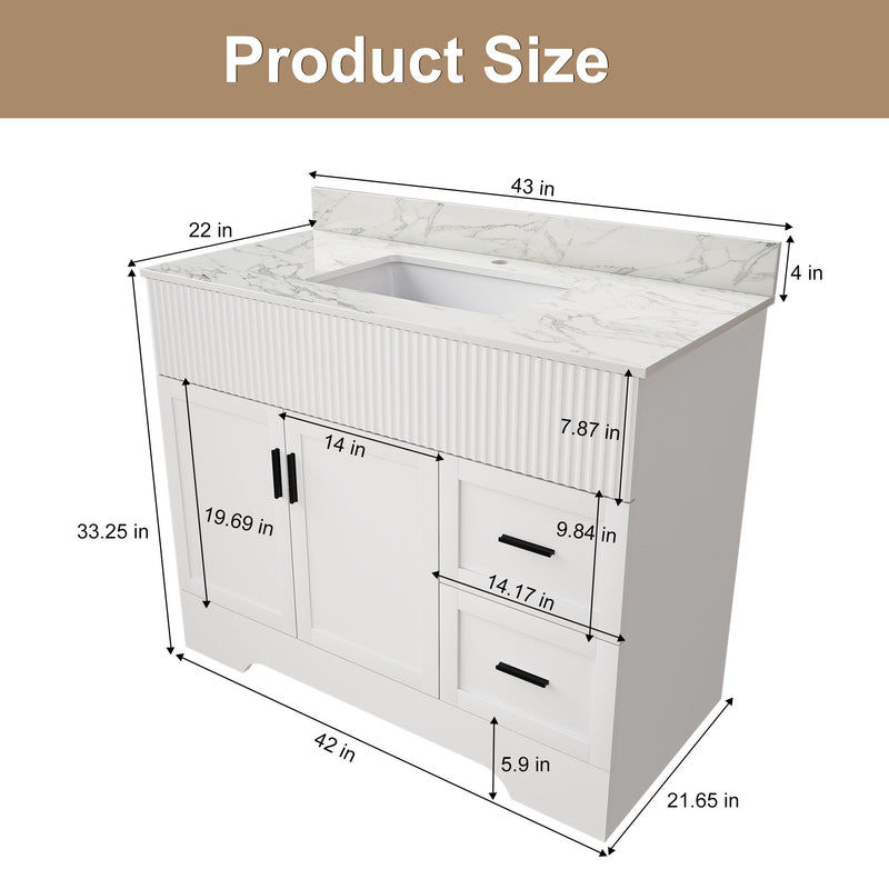 Bathroom vanity size diagram: 43 in width, 21.65 in depth, 33.25 in height