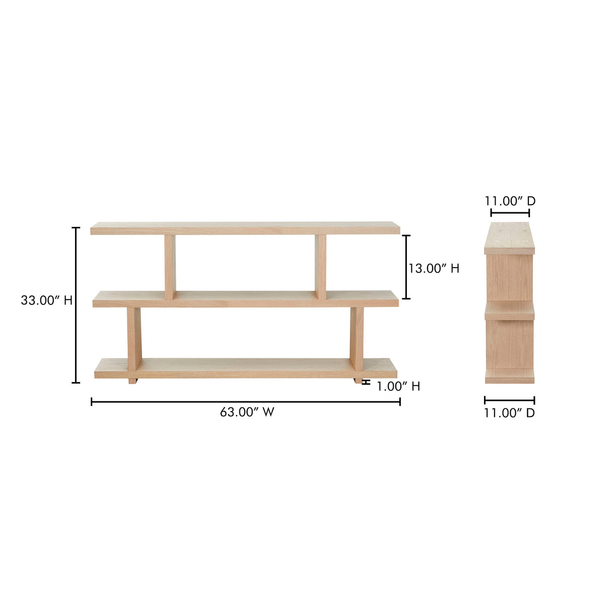 White-wash oak small shelf unit showing front dimensions and three-tier structure