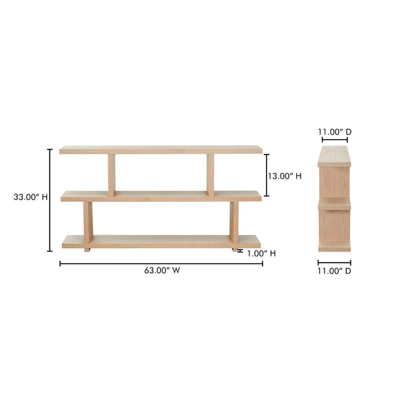 White-wash oak small shelf unit showing front dimensions and three-tier structure