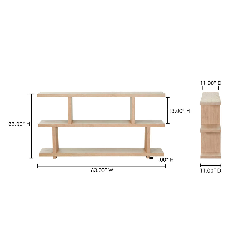 White-wash oak small shelf unit showing front dimensions and three-tier structure