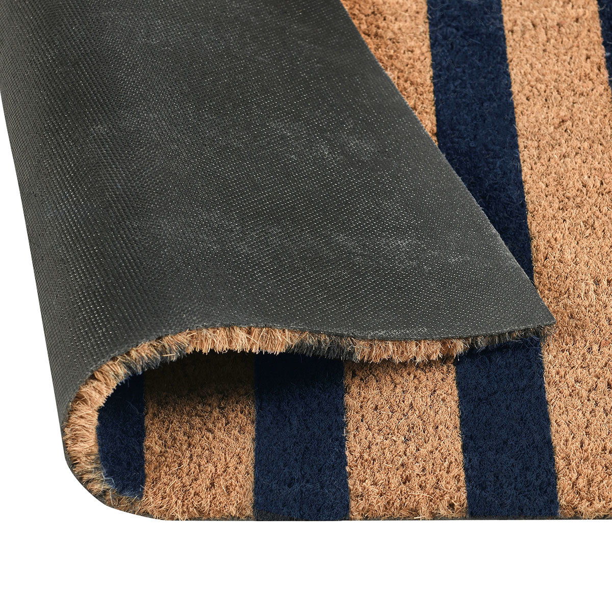 Rolled doormat edge with dark backing and navy, brown, and tan stripes.