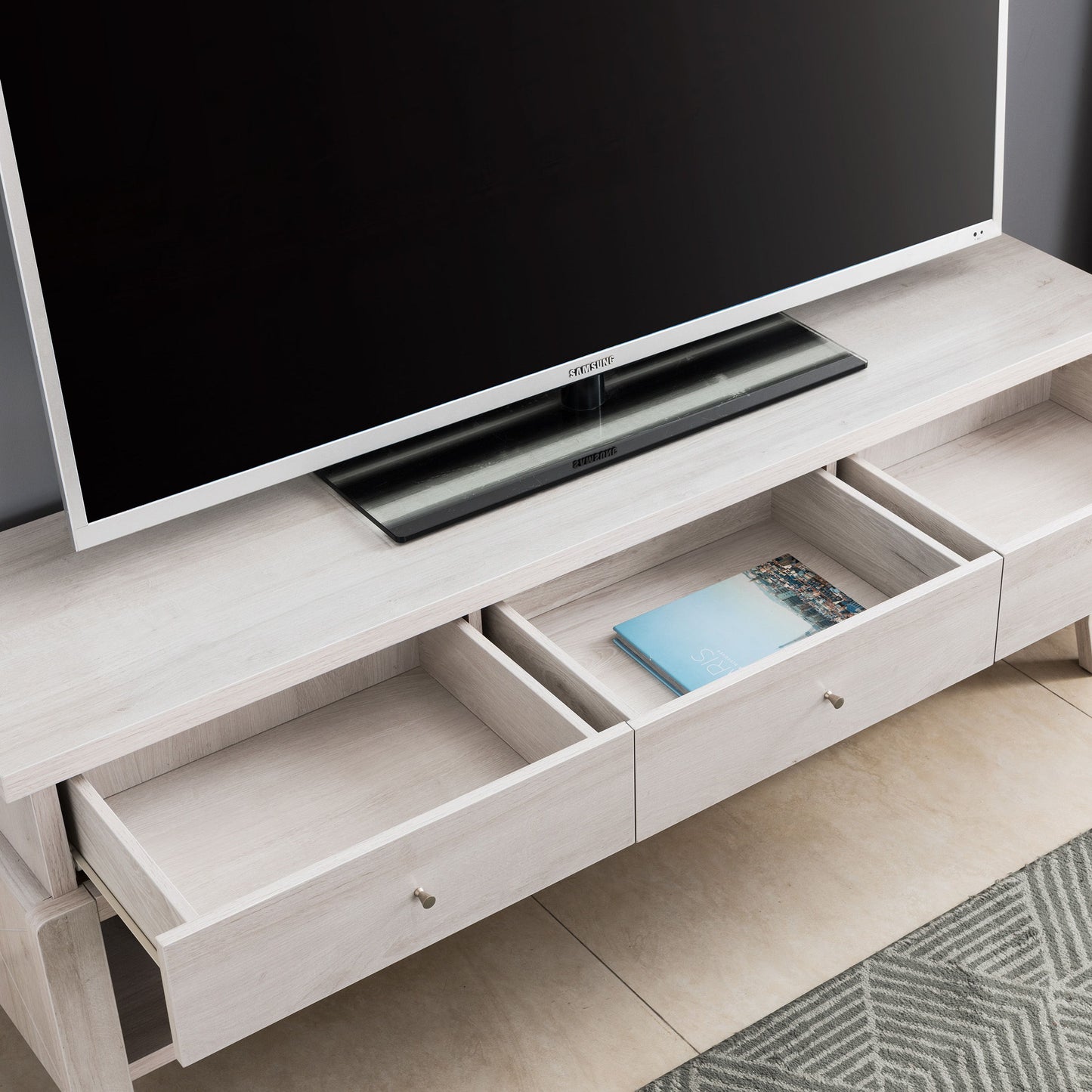 Elegant TV Stand With Three Drawers And Three Shelves For Organizing Your Entertainment Center - White Oak