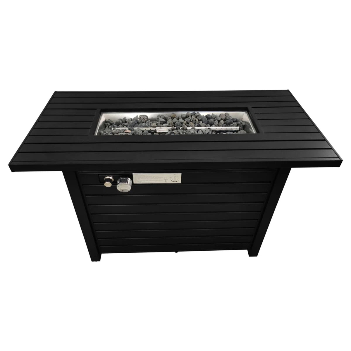 Black outdoor fire pit table with open lid and metal fire bowl