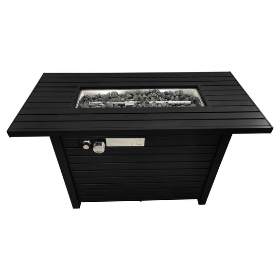 Black outdoor fire pit table with open lid and metal fire bowl