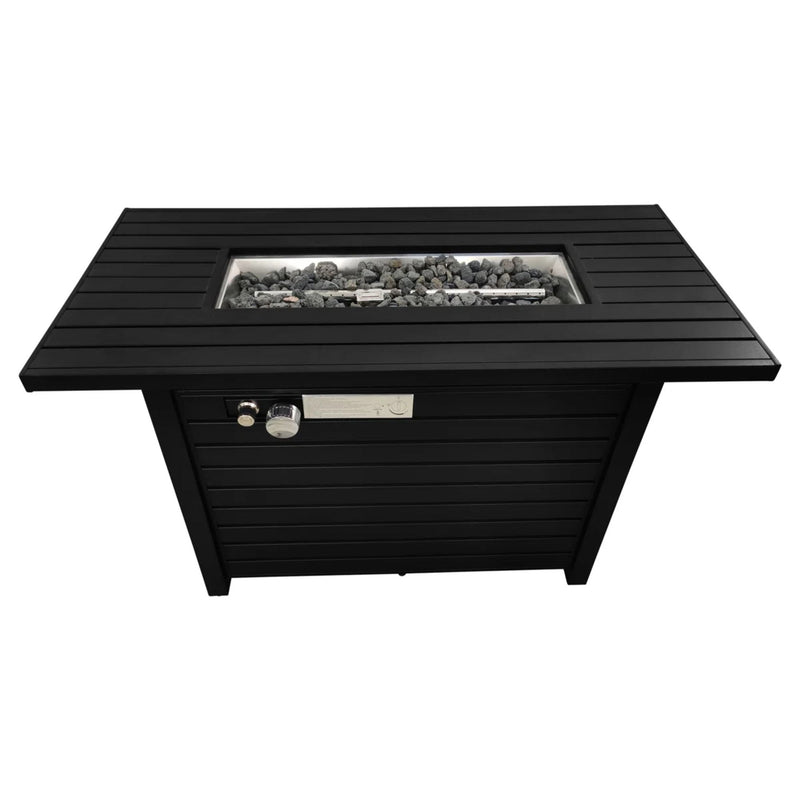 Black outdoor fire pit table with open lid and metal fire bowl