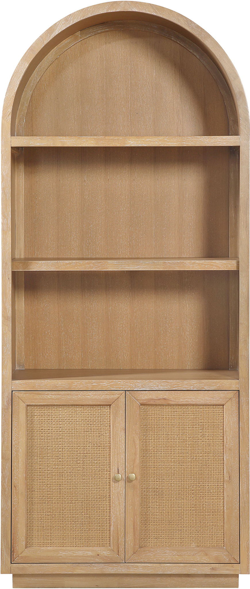 Light brown oak bookcase with arched top, open shelves, and woven double doors