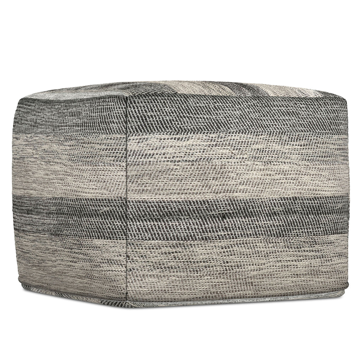 Square upholstered pouf in gray and beige woven fabric with stitched seams