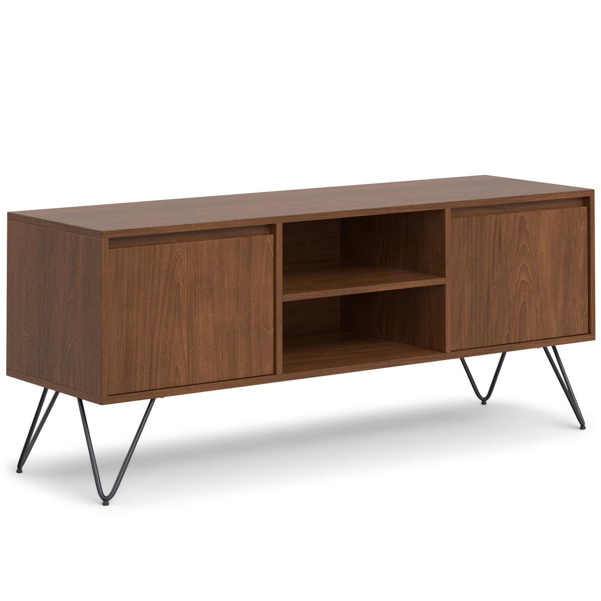 Dark brown handcrafted TV media stand with 2 doors, open middle shelf, and metal legs