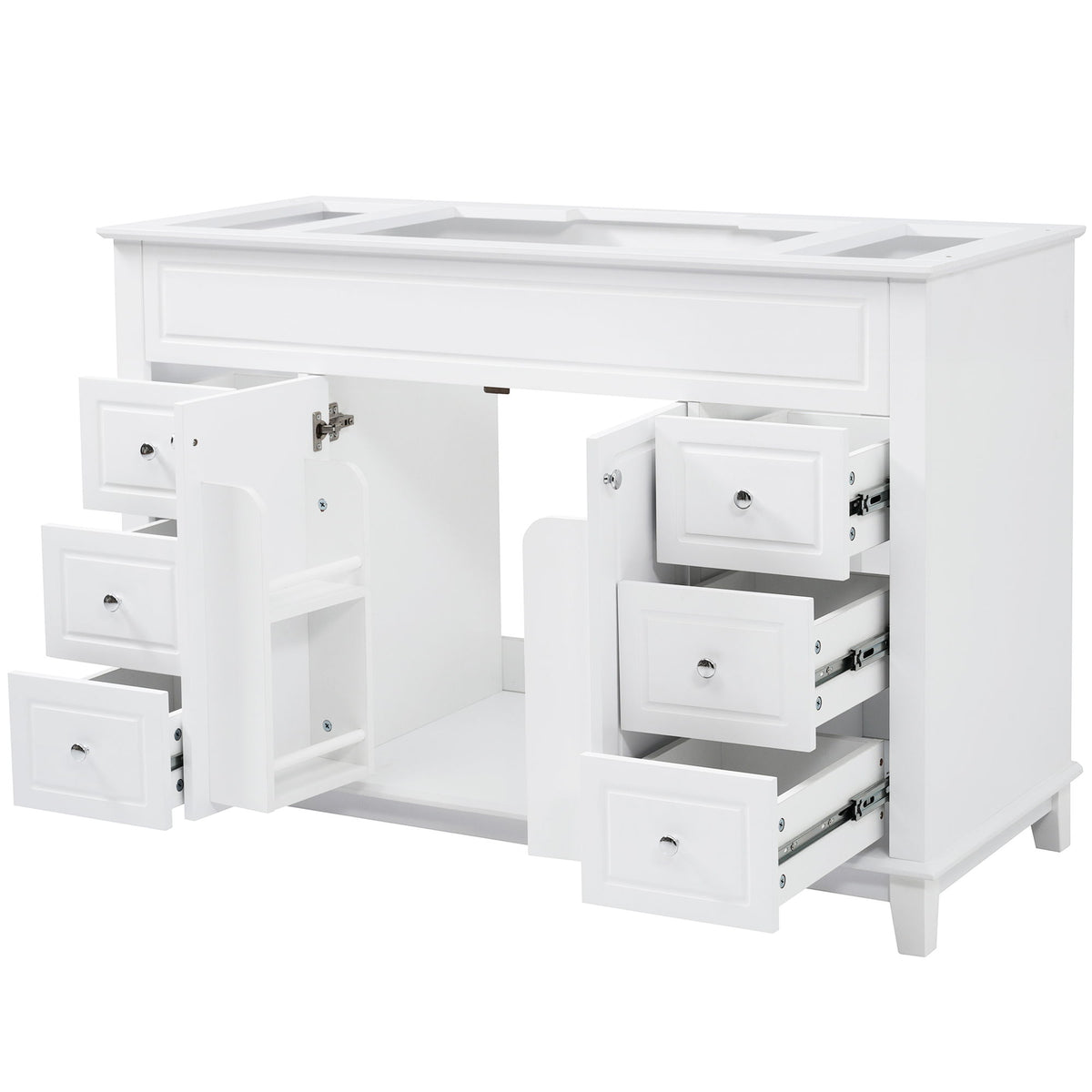 White bathroom vanity cabinet with six drawers and double doors, open with storage