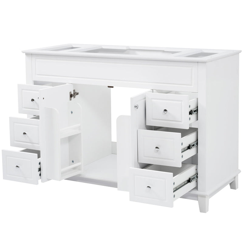 White bathroom vanity cabinet with six drawers and double doors, open with storage