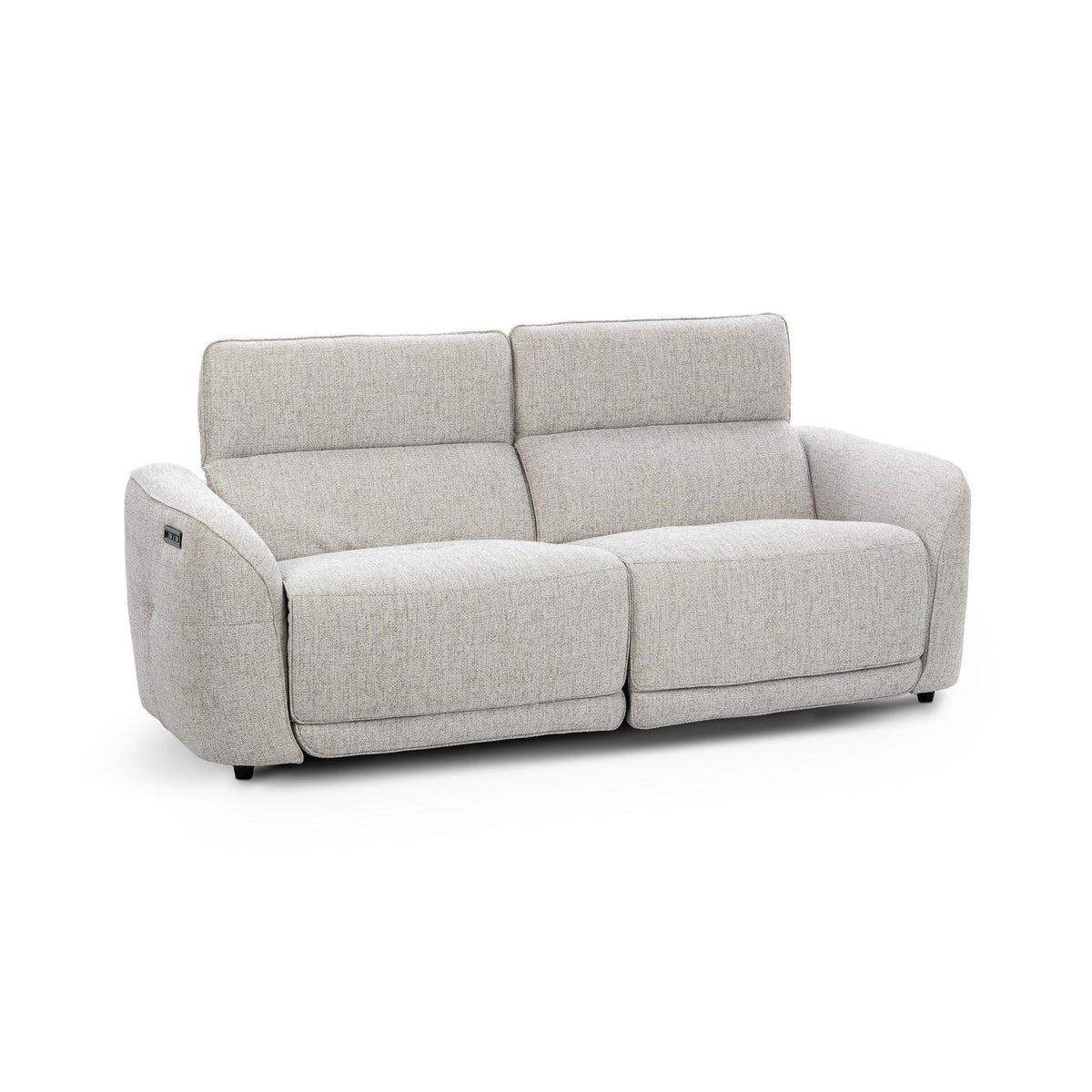 Gray upholstered power recliner sofa with two-section back cushions and wide armrests
