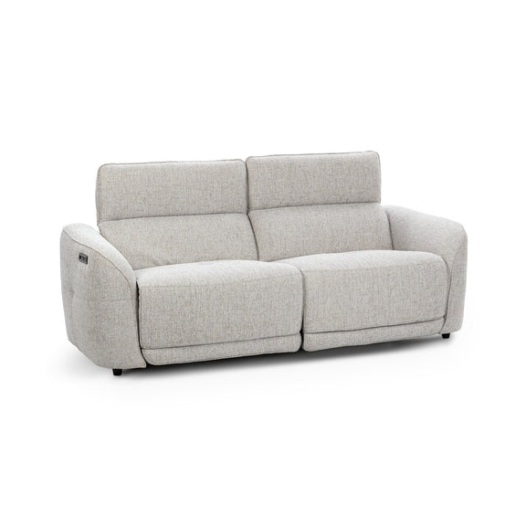 Gray upholstered power recliner sofa with two-section back cushions and wide armrests