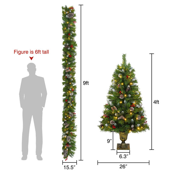 Artificial Christmas set dimensions: 9-foot garland and 4-foot entrance tree