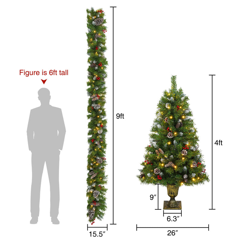 Artificial Christmas set dimensions: 9-foot garland and 4-foot entrance tree