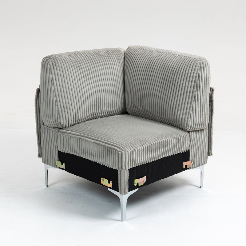 Modular Sectional Sofa Corner Seat with Middle Seat Module in Gray Corduroy, Solid Frame
