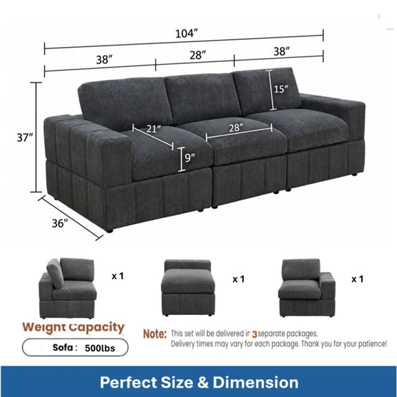 Oversized modular sectional sofa size diagram with piece counts and weight capacity