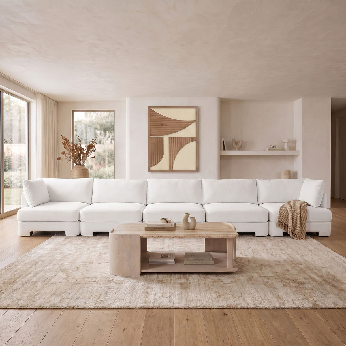White velvet performance fabric upholstered 5-piece sectional sofa with chaise cushions