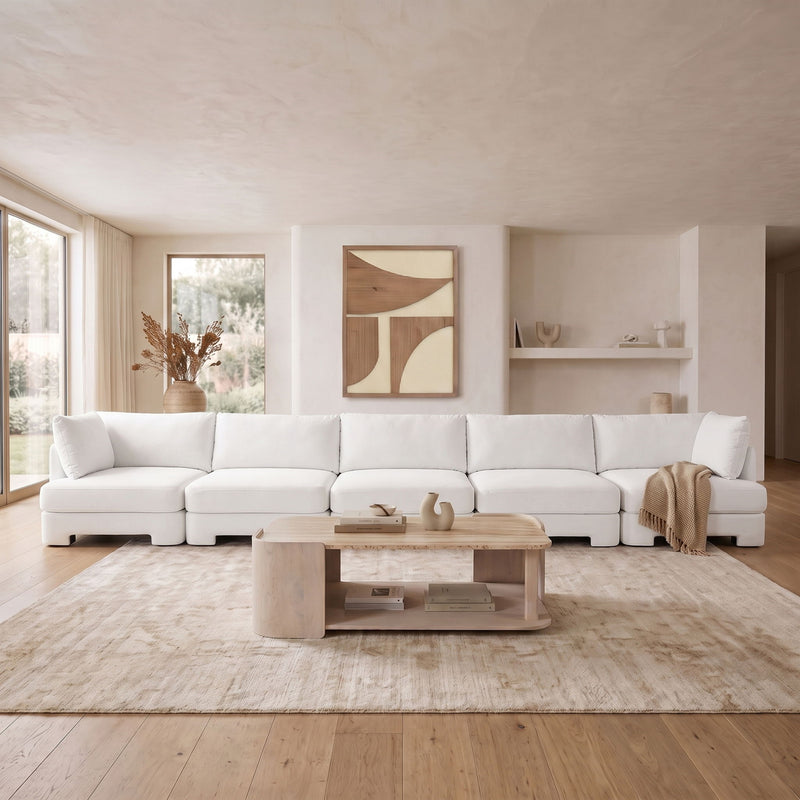 White velvet performance fabric upholstered 5-piece sectional sofa with chaise cushions