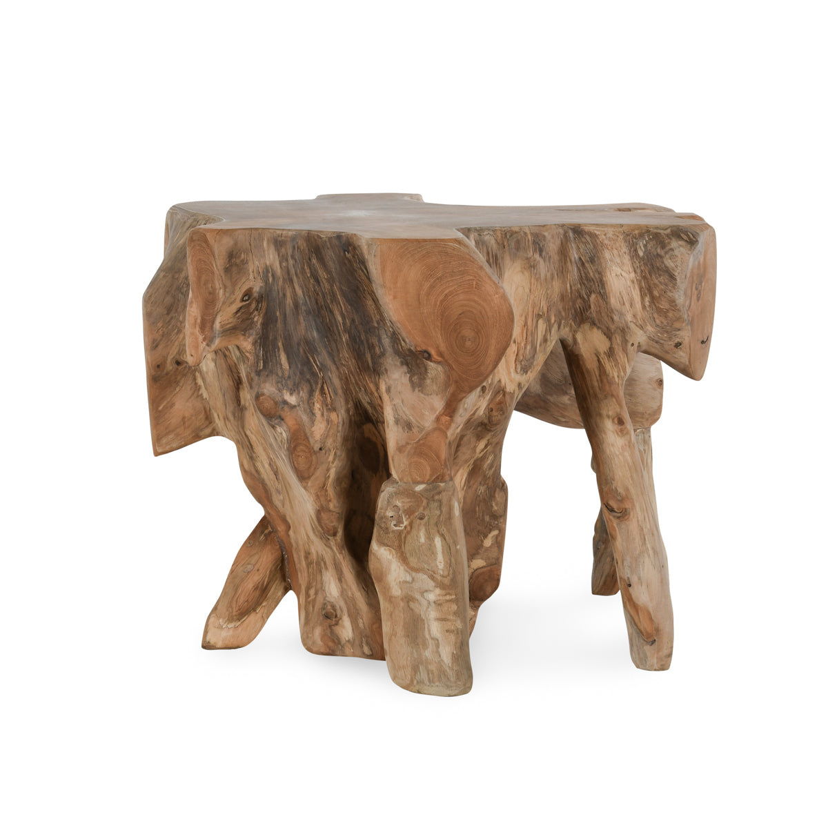 Root end table with natural wood root texture, chunky legs, and flat slab top