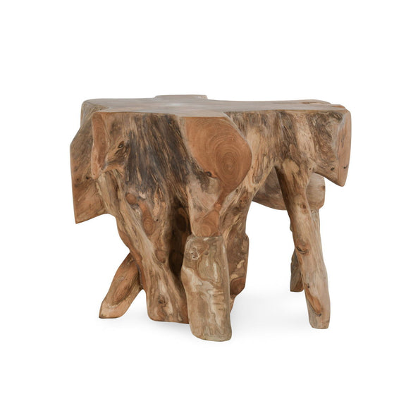 Root end table with natural wood root texture, chunky legs, and flat slab top