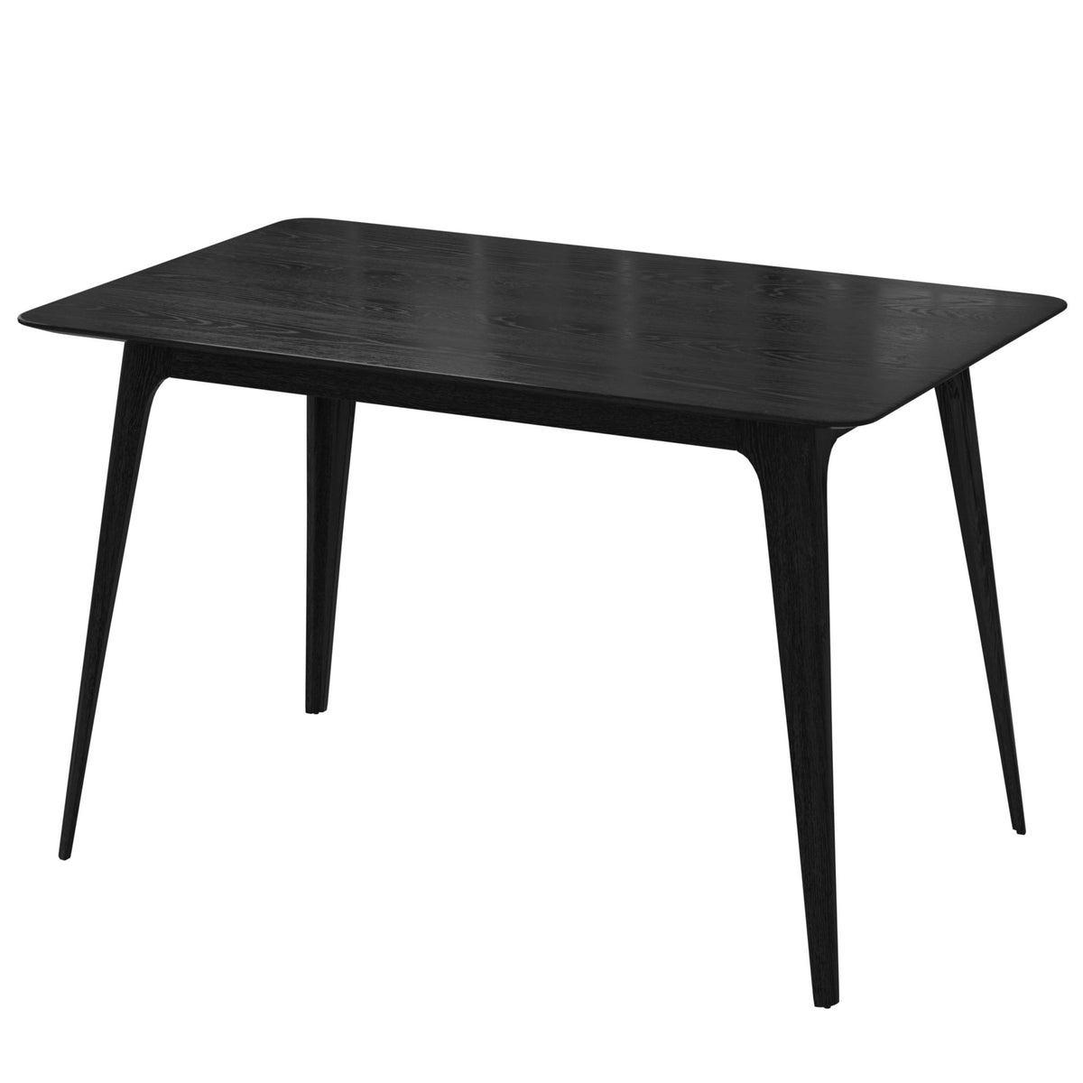 Black dining table with tapered legs and smooth rectangular top